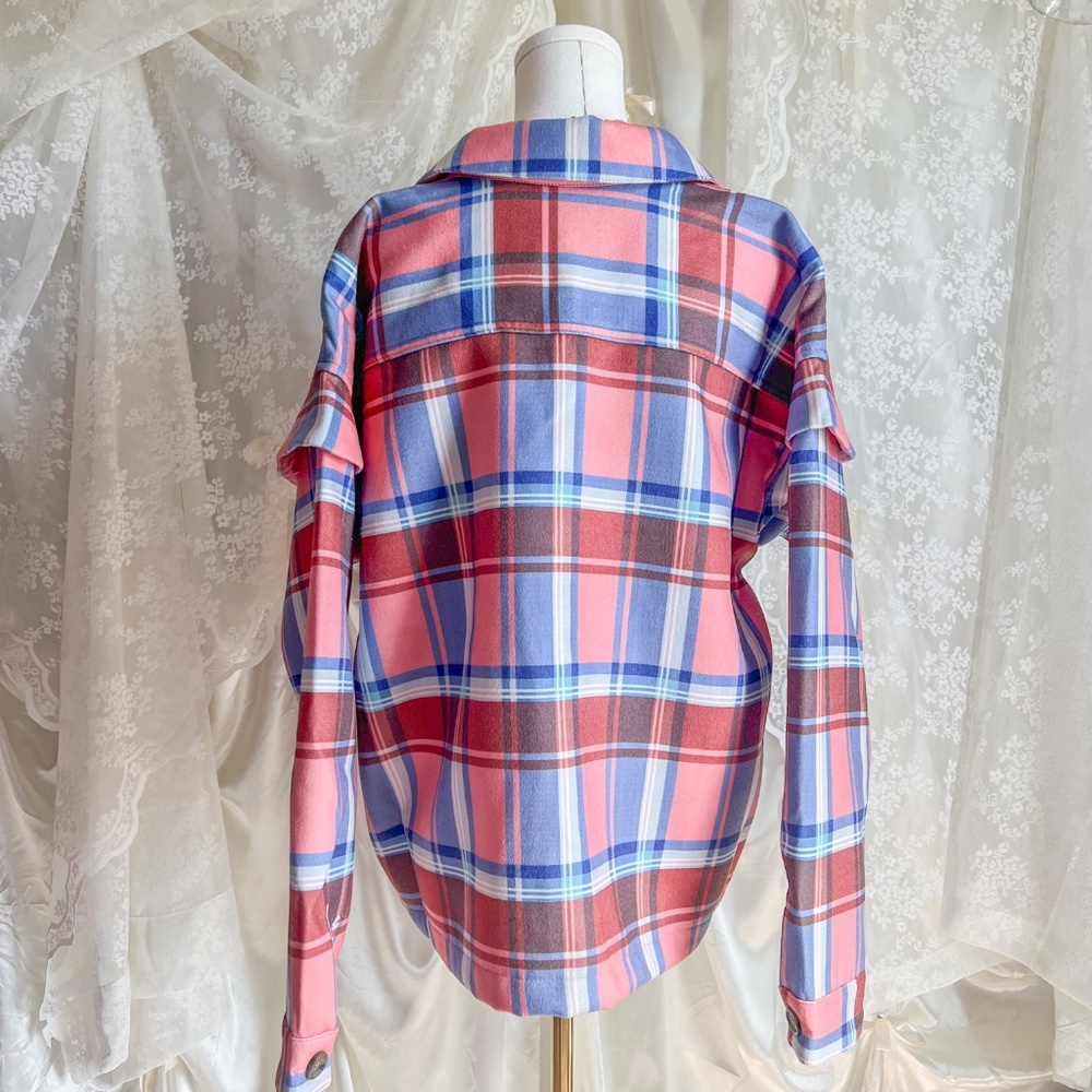 Pink and Blue Plaid Button Down Shacket - Picture 2 of 5